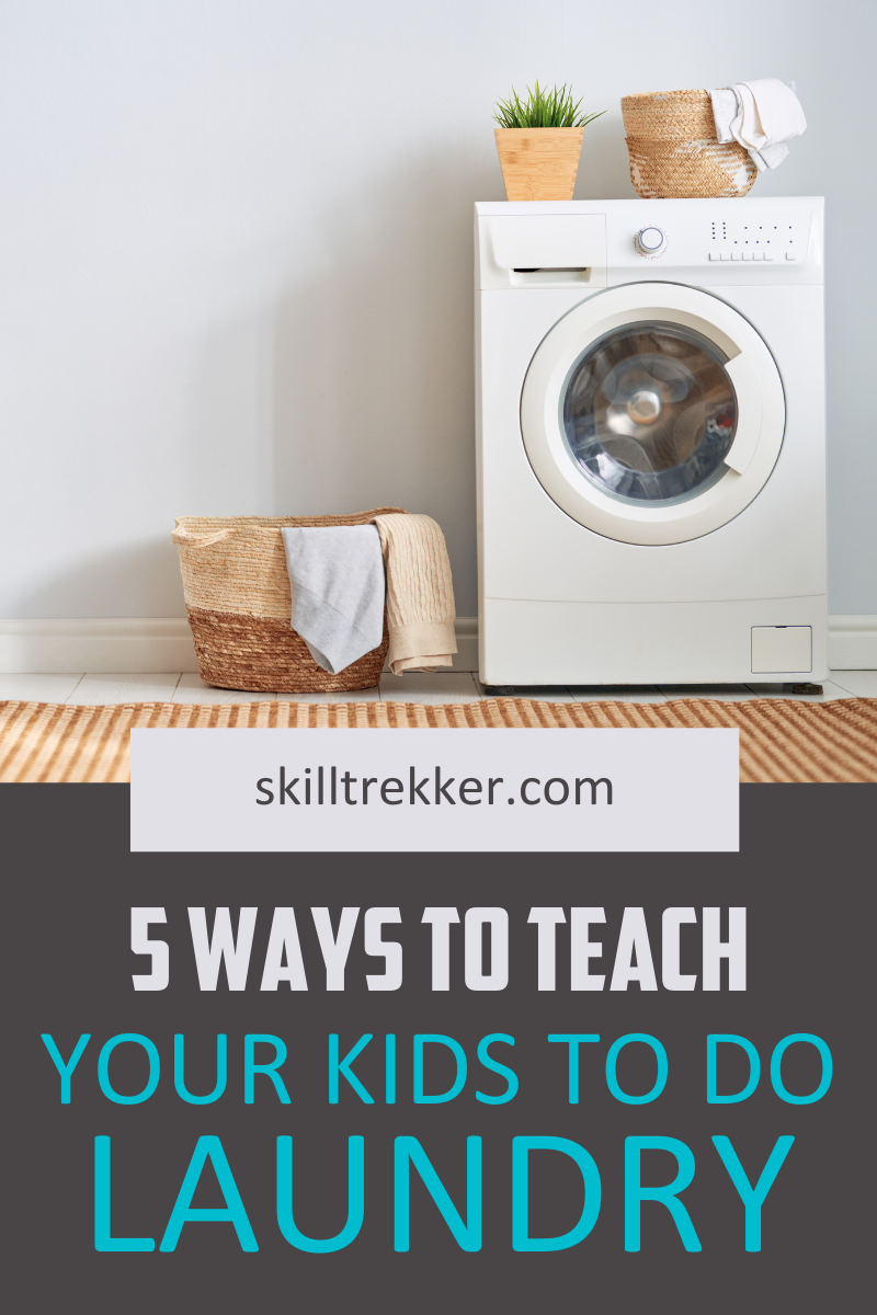Laundry basket and washing machine to help teach kids how to do laundry.